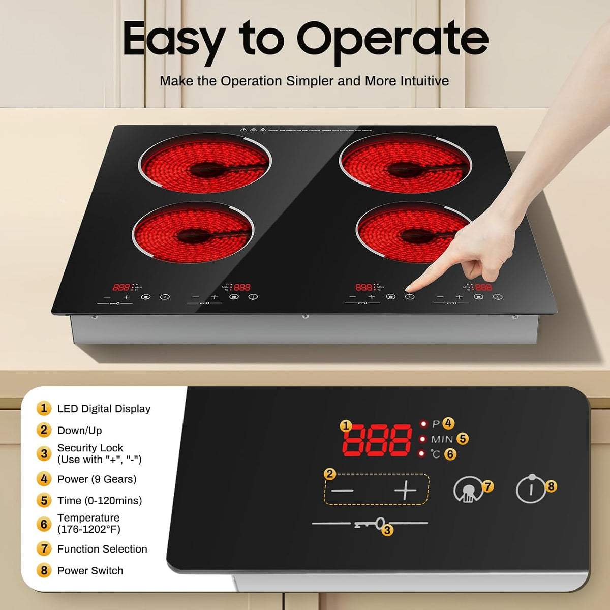 23 Inch Electric Ceramic Cooktop 4-Burner 3000W Hot Plate with Touch Control & LED Display, Child Lock, Countertop/Built-in, Electronic Ignition, for Kitchens Restaurants Black 110V