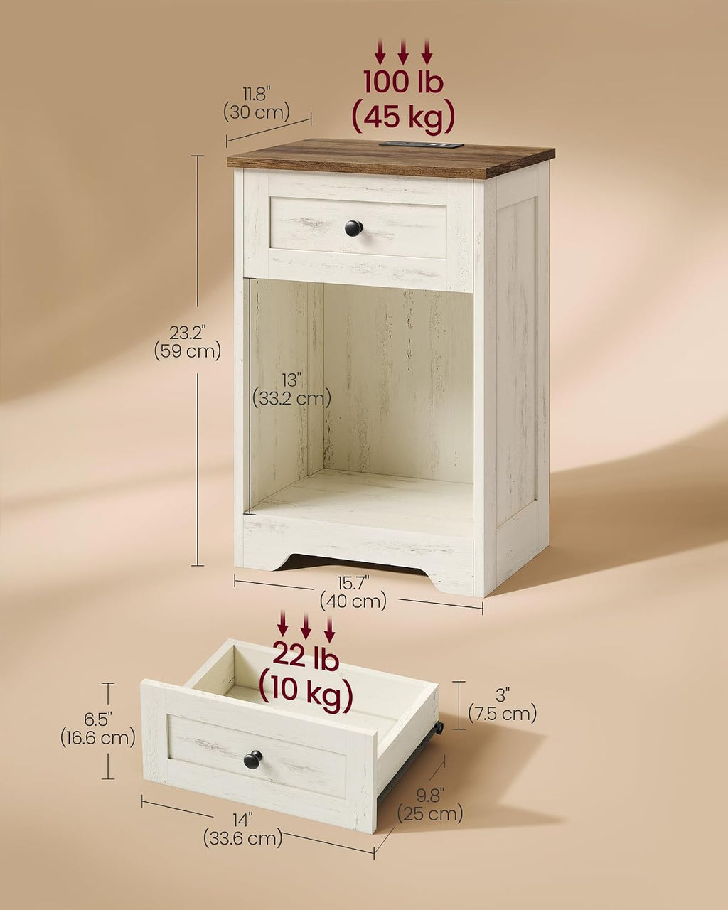 VASAGLE White Nightstand with Charging Station, 1 Drawer, Set of 2