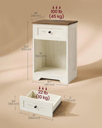 VASAGLE White Nightstand with Charging Station, 1 Drawer, Set of 2
