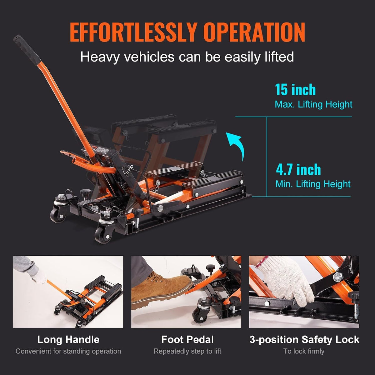 Steel Hydraulic Motorcycle Jack Stand, 1500 LBS ATV Scissor Lift Jack, 4.7"-15" Scissor Portable Lift Jack Stand with 4 Wheels, Foot-Operated Hoist Stand for Motorcycle ATV UTV Powersports (Orange)
