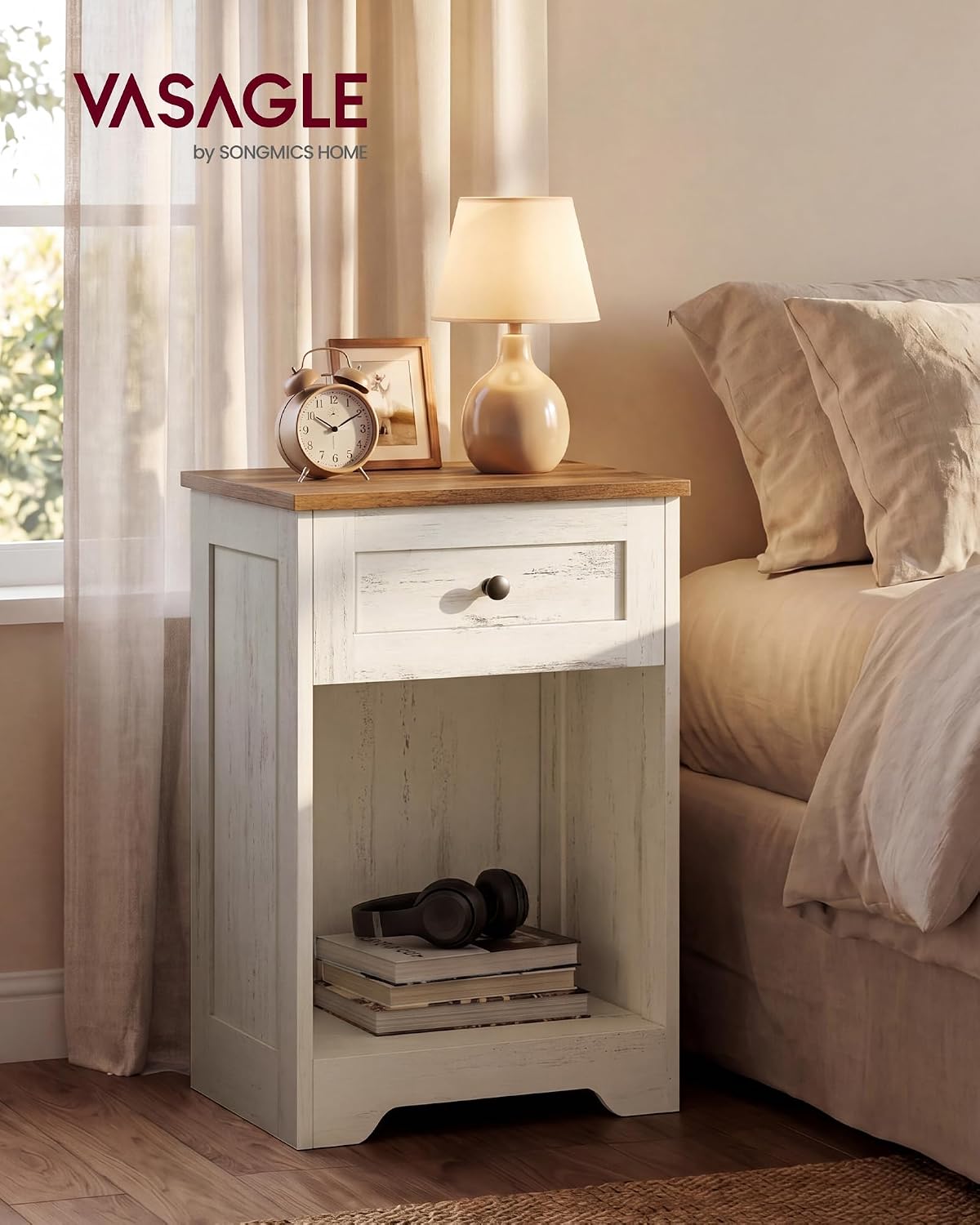 VASAGLE White Nightstand with Charging Station, 1 Drawer, Set of 2