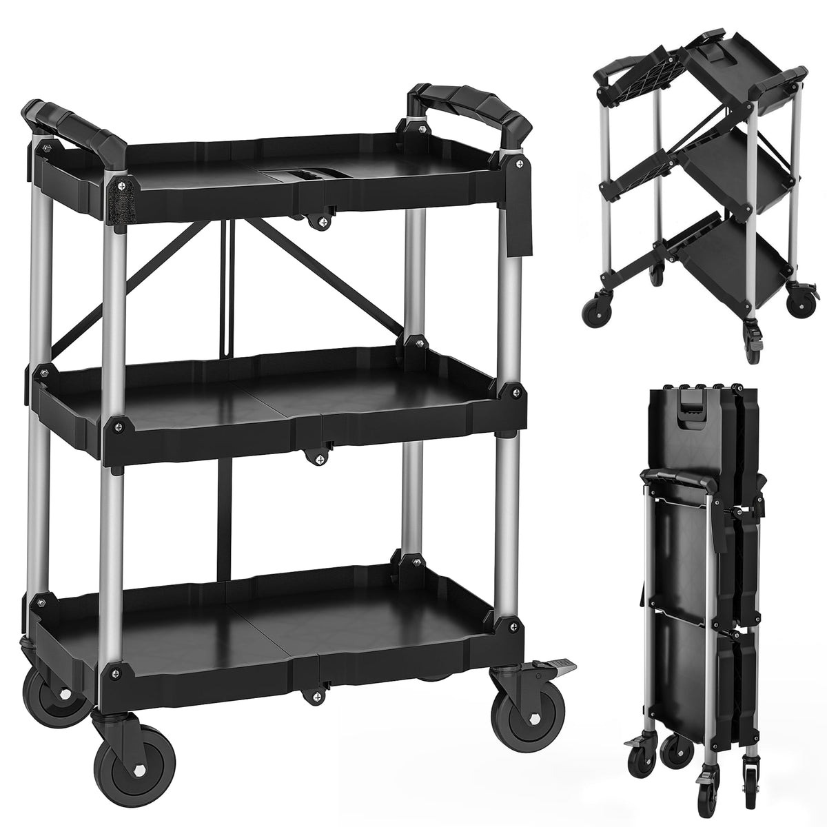 YITAHOME 3-Tier Folding Utility Cart with Wheels (2 Brakes), 240lbs