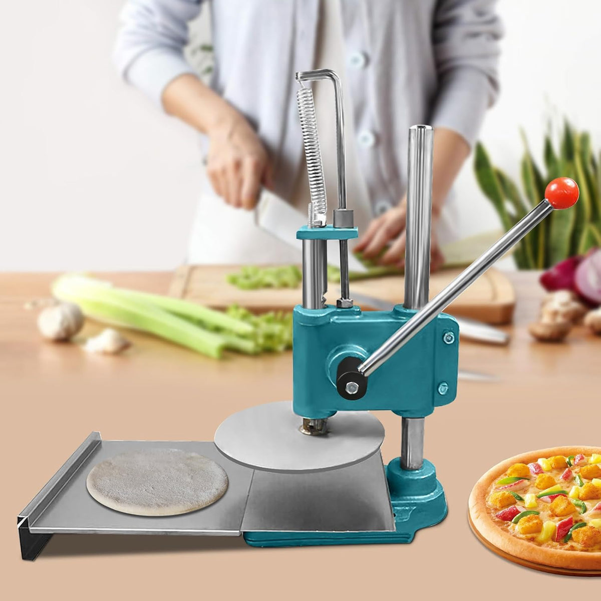 Manual Pizza Dough Press Machine Household Pizza Pastry Stainless Steel Pizza Presser Pasta Makers Commercial Chapati Sheet Pizza Crust Press Plate Pizza Forming Machine (9.5 in)