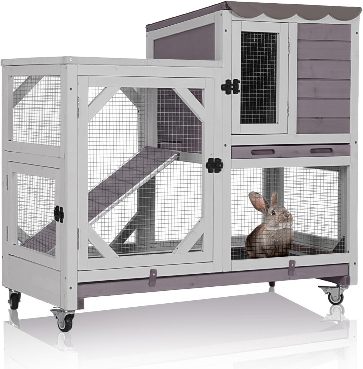 GUTINNEEN 2-Story Rabbit Hutch Indoor Bunny Cage Outdoor Guinea Pig House Wooden Small Animal Cage with Chew-Proof Ramp, Leak-Proof Tray, Lockable Wheels for 2-4 Rabbits, Guinea Pigs (Grey)