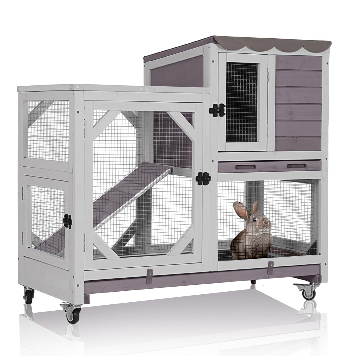 Indoor Rabbit Bunny Hutch Outdoor, Guinea Pig Cages with Removable Bottom Wire Netting - Easy Clean