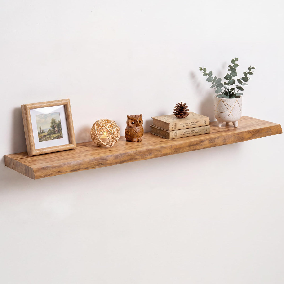 Live Edge Elm Floating Shelves - 24 In Rustic Solid Wood Shelves with Heavy-Duty Invisible Bracket, Wall-Mounted Wooden Shelf for Living Room, Bathroom, Kitchen Storage & Display, Set of 2, Natural