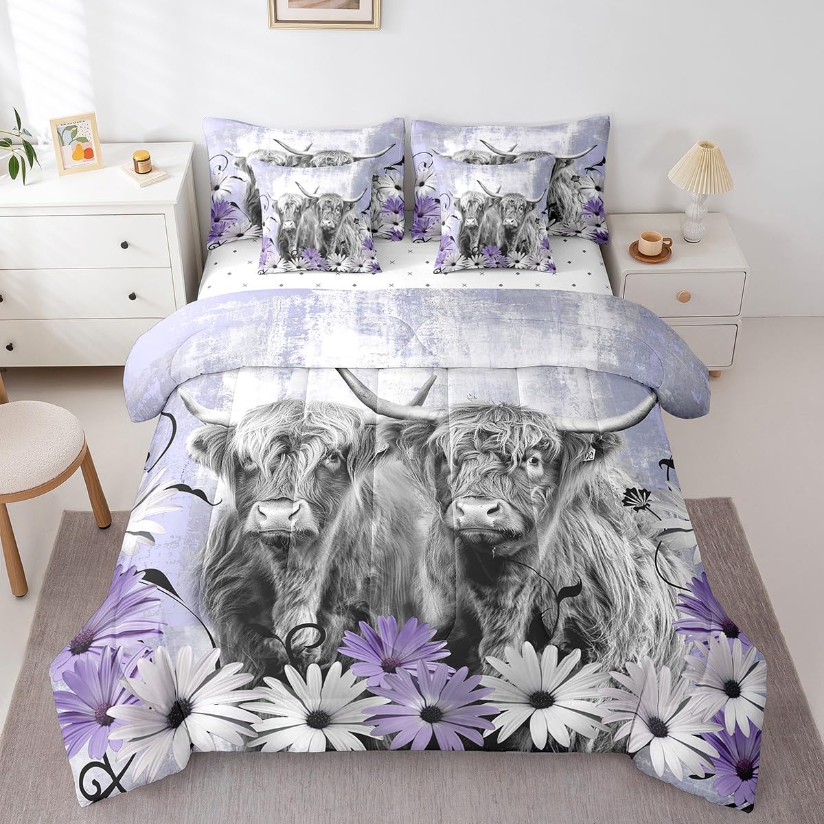 Erosebridal Brown Cow Print King Comforter Set 7 Piece, Simulated Black Cowhide Western Farmhouse Bedding Sets with Sheets, Rustic Highland Cow Skin Bed in a Bag with Fitted Flat Sheet, Pillowcases