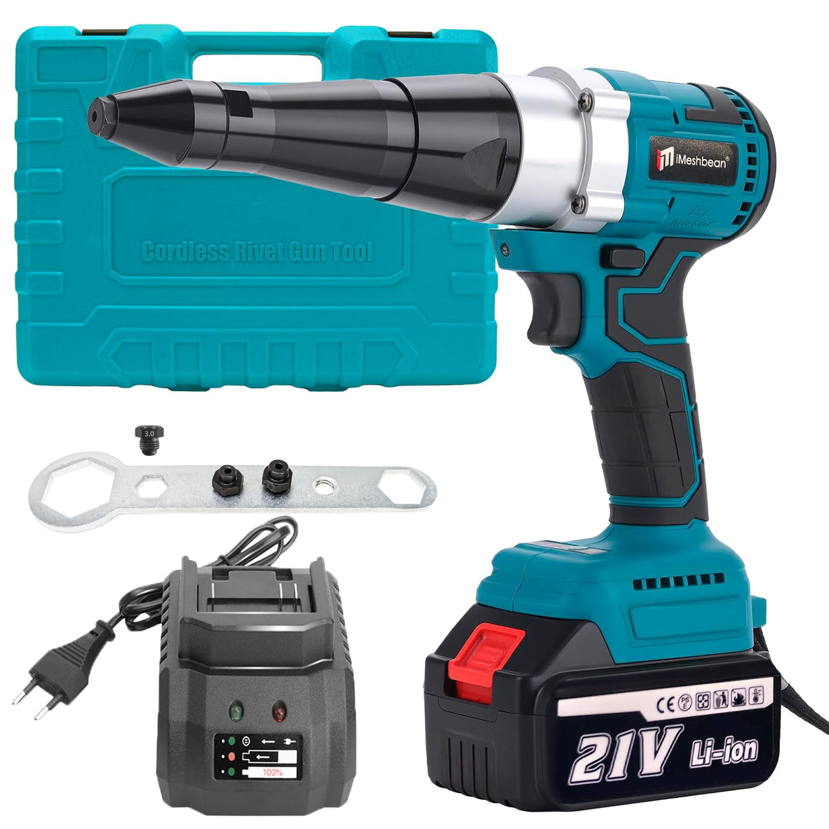 Cordless Rivet Gun,Automatic Brushless Riveter Tool Kit for Rivets 2.4 / 3.2 / 4.0 / 4.8 mm,Portable 21V Lithium-ion Electric with 2 3.0Ah Battery for Stainless Steel, Aluminum Rivets (2 batteries)