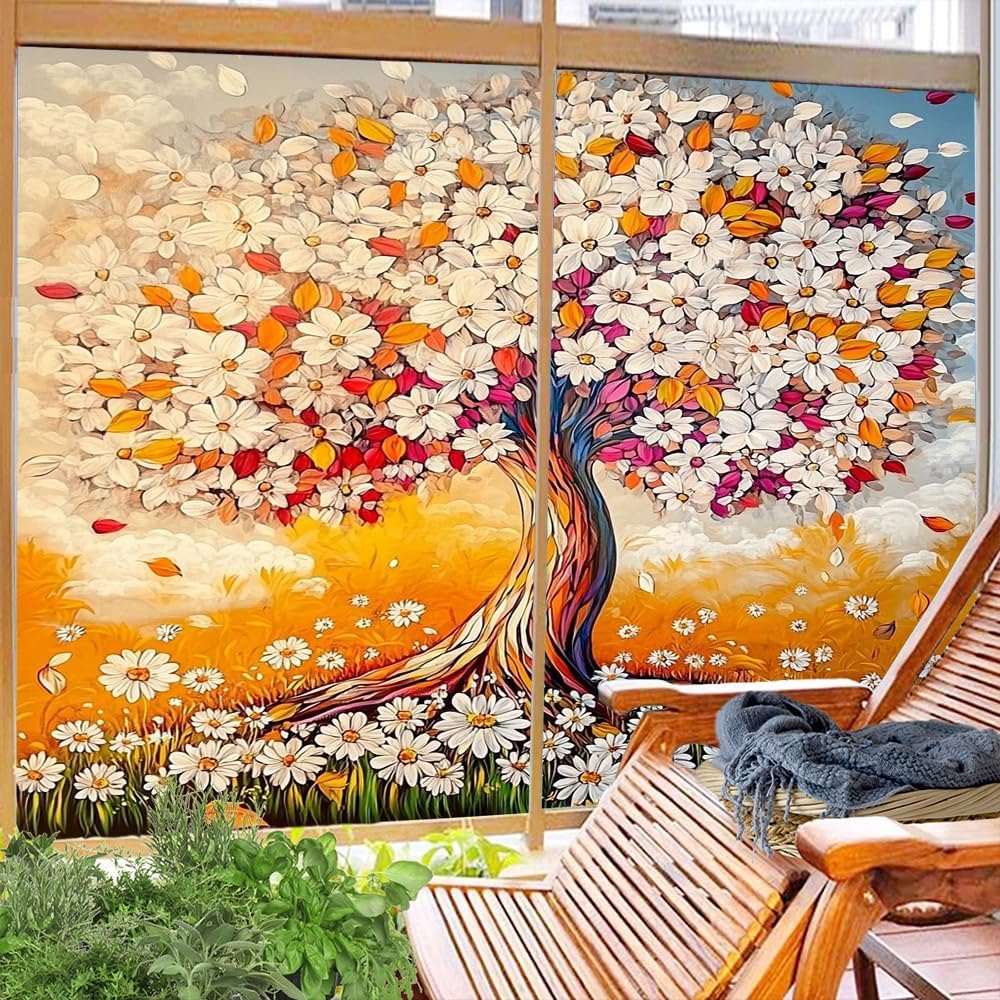Aesthetic Tree Frosted Stained Glass Window Film 31.5Wx47.2L inch x 2pcs
