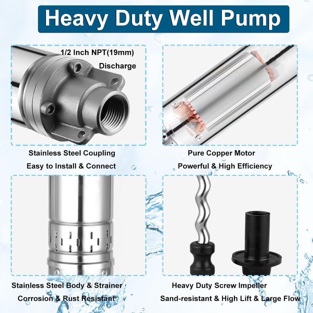 2" Deep Well Submersible Pump, 1/2 HP 110V Deep Well Pump with 33FT Cord