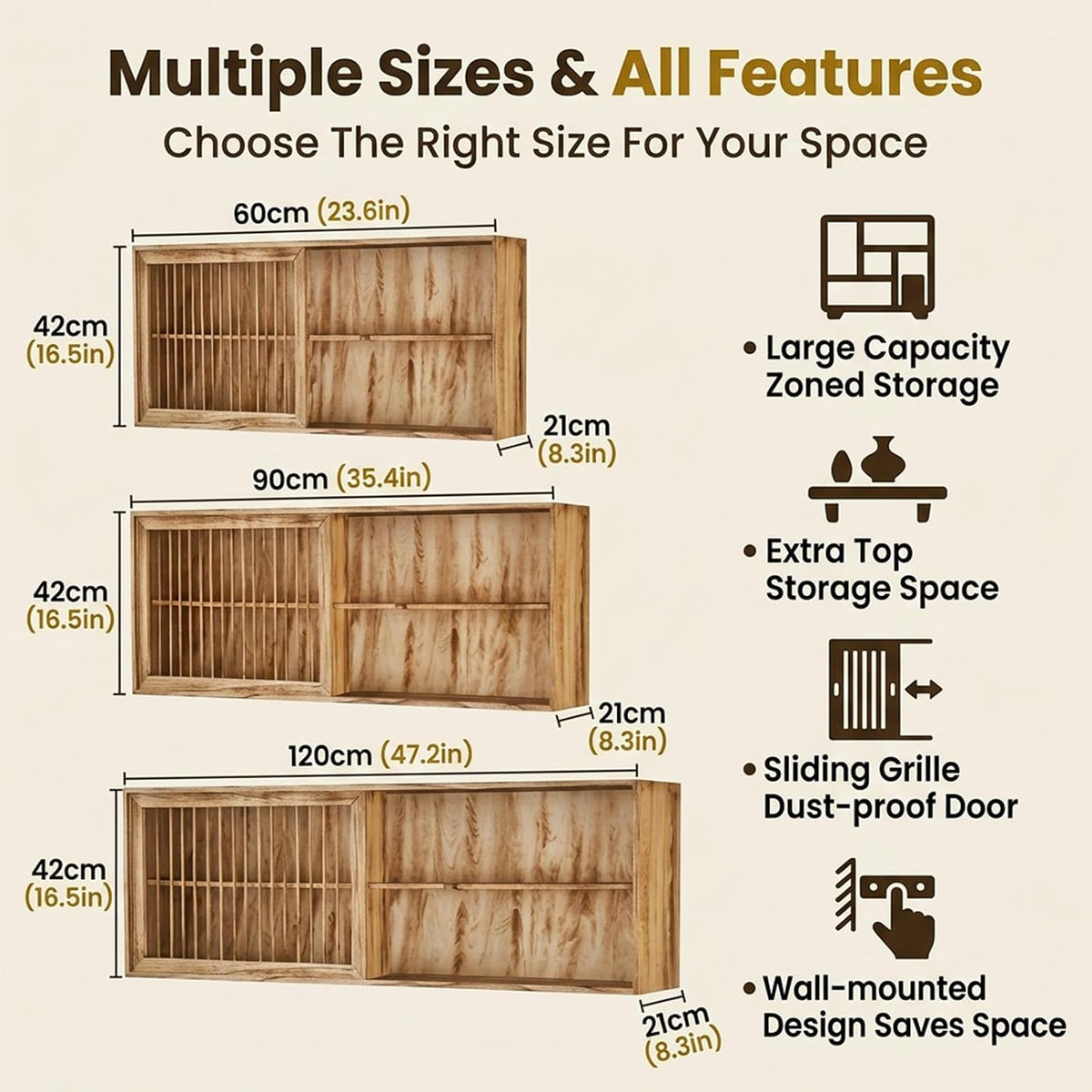 Wooden Wall Mounted Kitchen Sideboard,Shadow Box with Shelves,Multi-Slot Decor Display Case,Floating Cabinet for Living Room,Kitchen(Brown,23.6in/60cm)