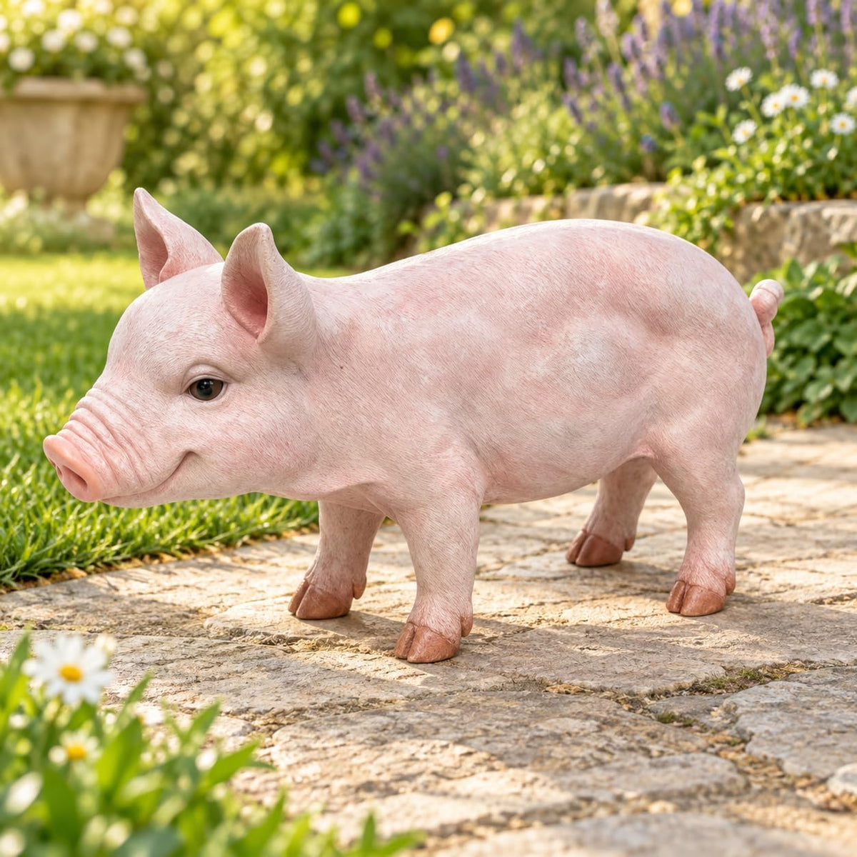 Baby Pink Pig Garden Statue with Curled Tail for Farmhouse Decor