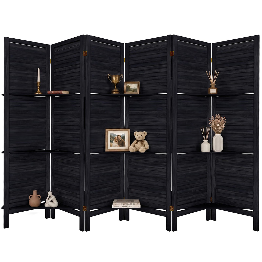 TEAKMAMA Room Divider, Room Divider with Shelves, 4 Panel,Distressed White