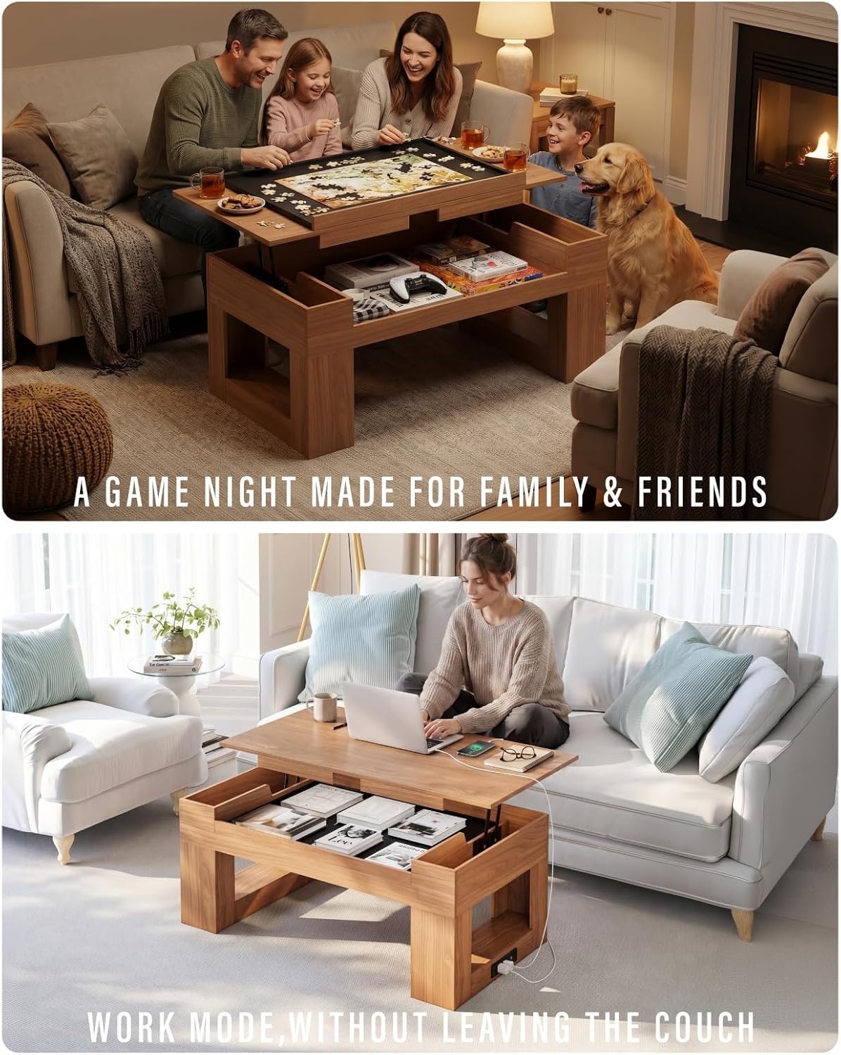Lift Top Coffee Table with Puzzle Tray, Modern Wood Center Table with Hidden Storage & Charging Station for Living Room, Brown
