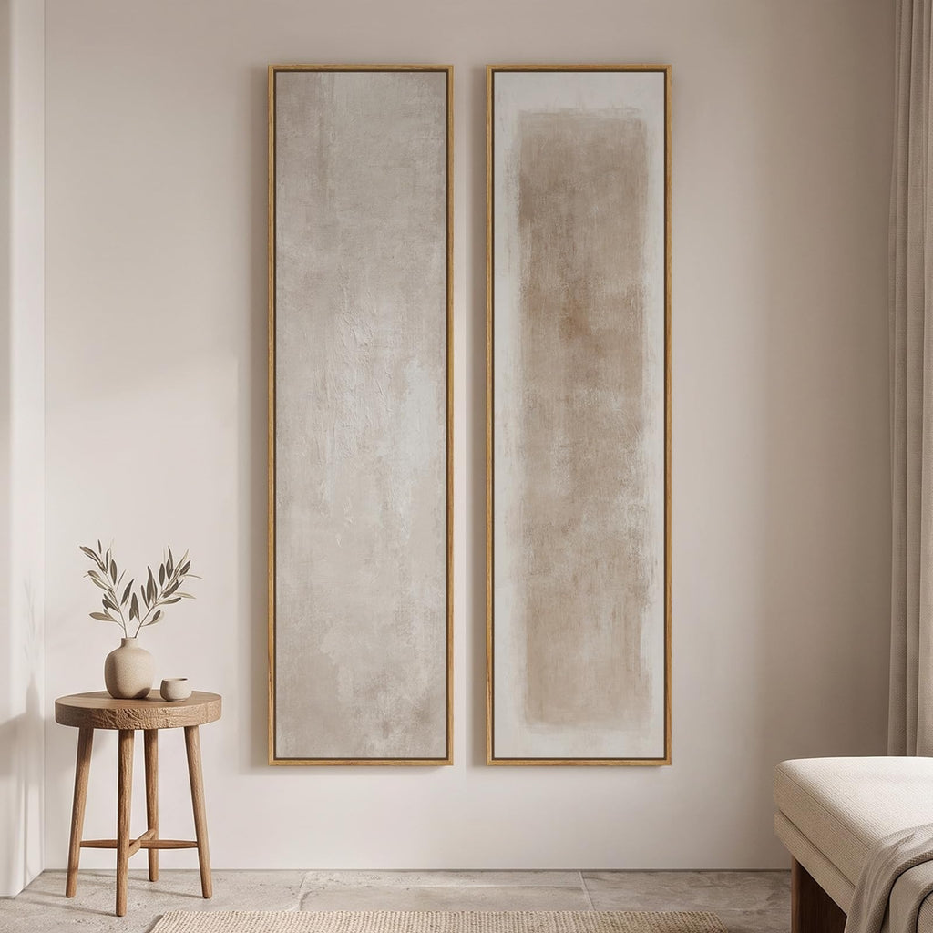 Large Framed Beige Cream Abstract Vertical Wall Art for Hallway, 2 Piece