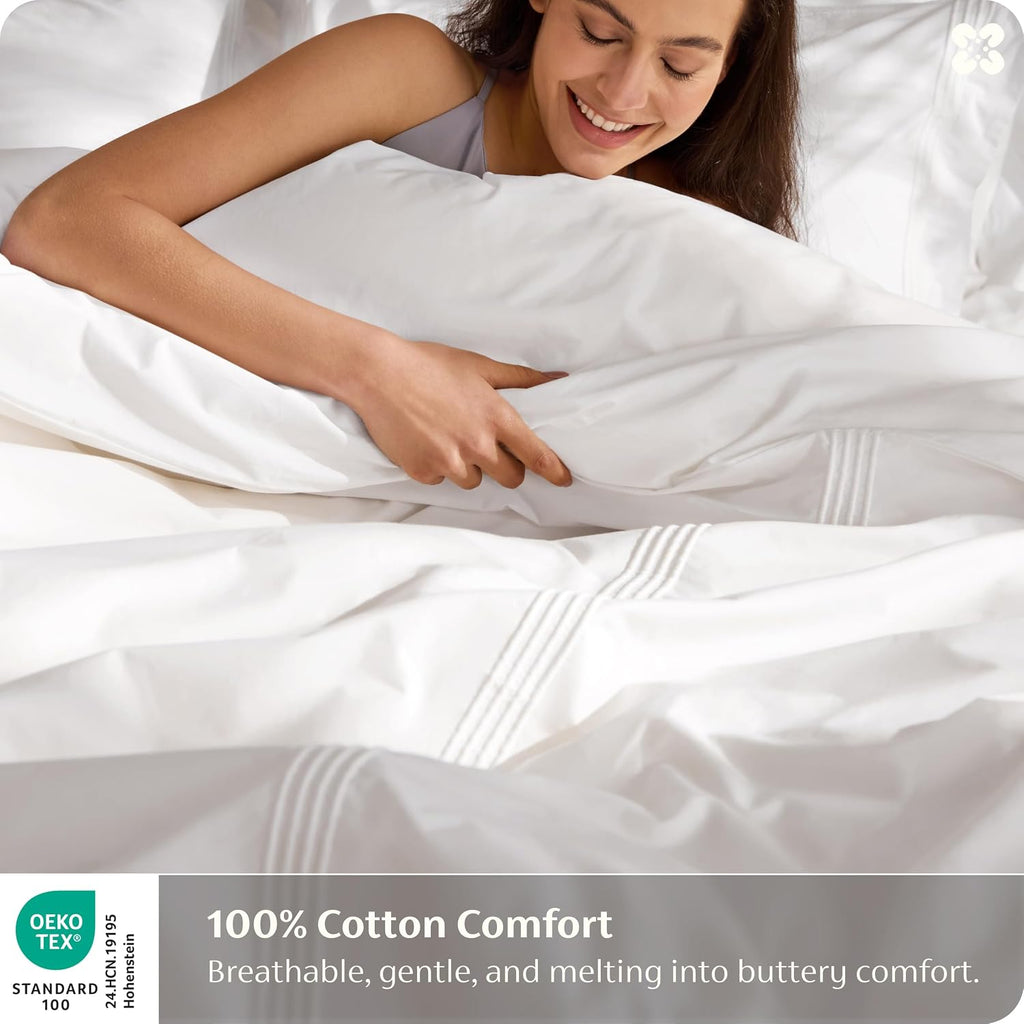 Bedsure PureWoven 100% Cotton Percale Duvet Cover King, Rope Weave, White