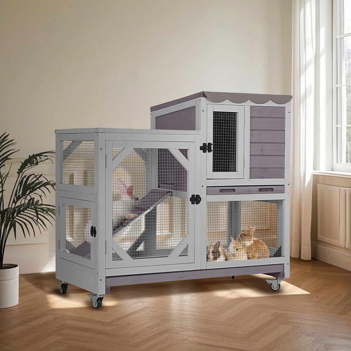 Suumerpety 2-Story Wooden Rabbit Hutch with Chew-Proof Ramp, Dual Leak-Proof Pull-Out Trays & 4 Lockable Wheels, Indoor Outdoor Bunny Cage for Rabbits & Guinea Pigs (Grey)