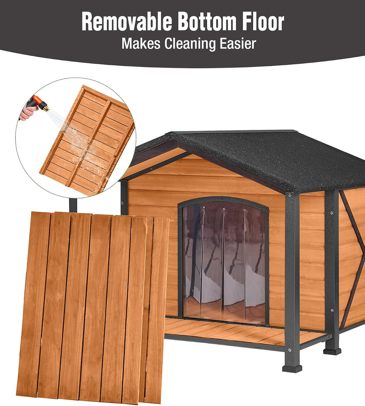 Heated Dog House, Outdoor Dog House Insulated for Winter with Heating Pad, Weatherproof Wooden Dog Kennel with Porch, Iron Frame, Asphalt Roof & Removable Floor