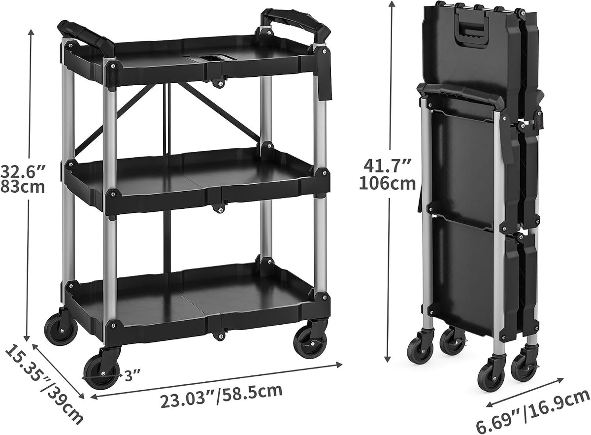 YITAHOME 3-Tier Folding Utility Cart with Wheels (2 Brakes), 240lbs