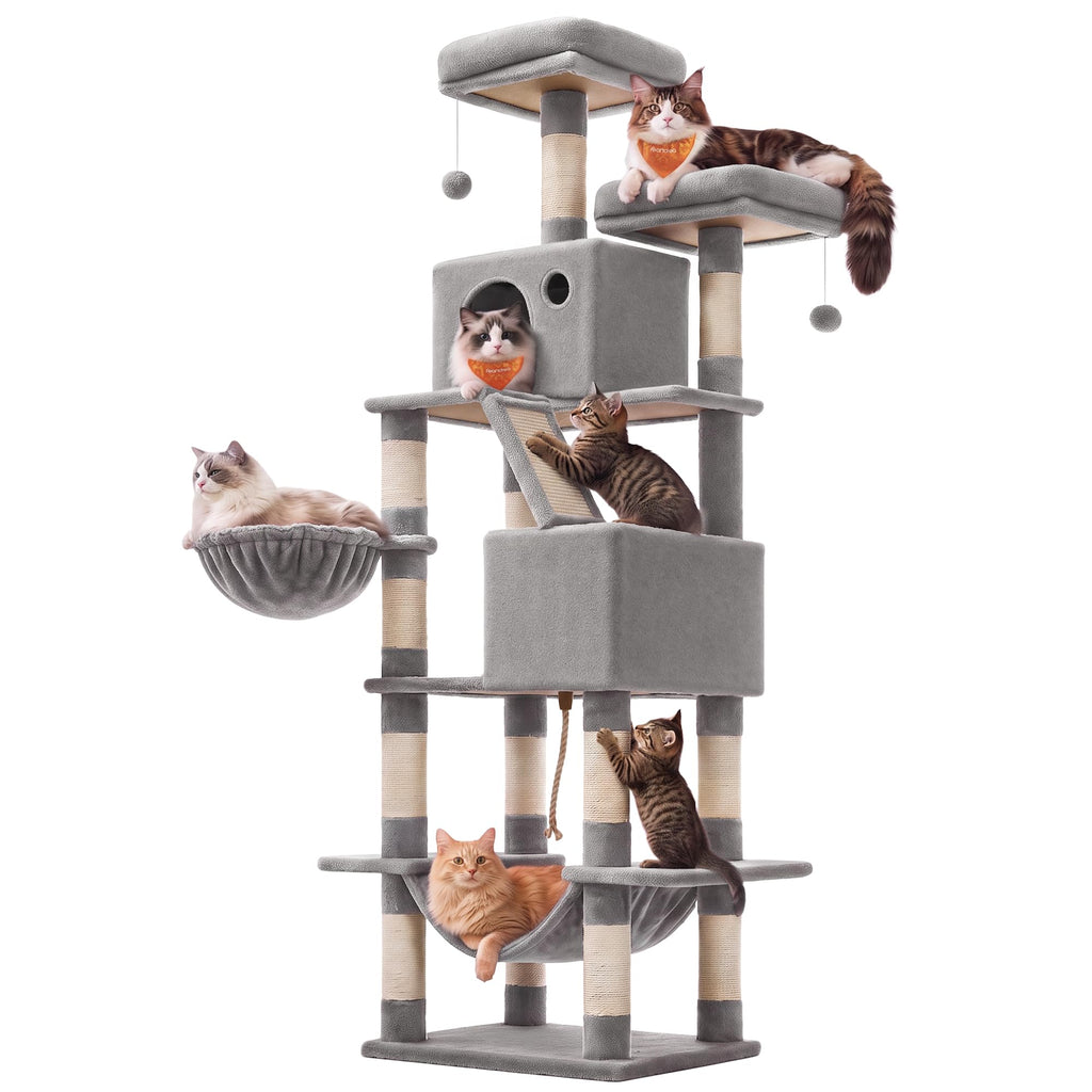 Feandrea Cat Tree, 81.1-Inch Large Cat Tower, Multi-Level Condo, Green