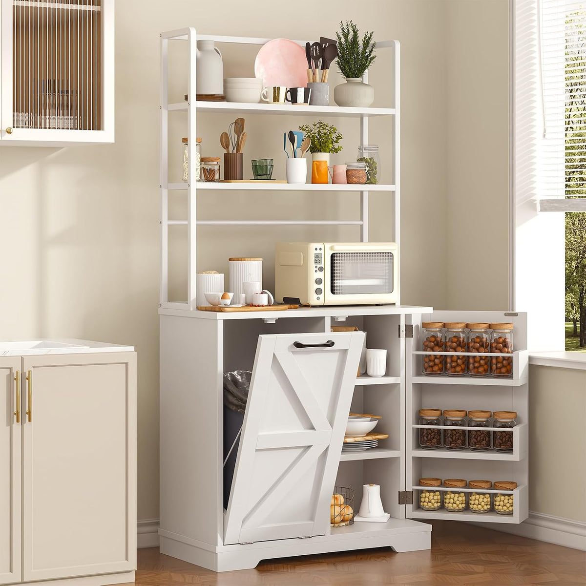 Kitchen Bakers Rack with Storage, 68'' Tall 6 Tier Farmhouse Pantry Cabinet with Trash Bin Cabinet, Microwave Stand Kitchen Cabinet with Hutch,White