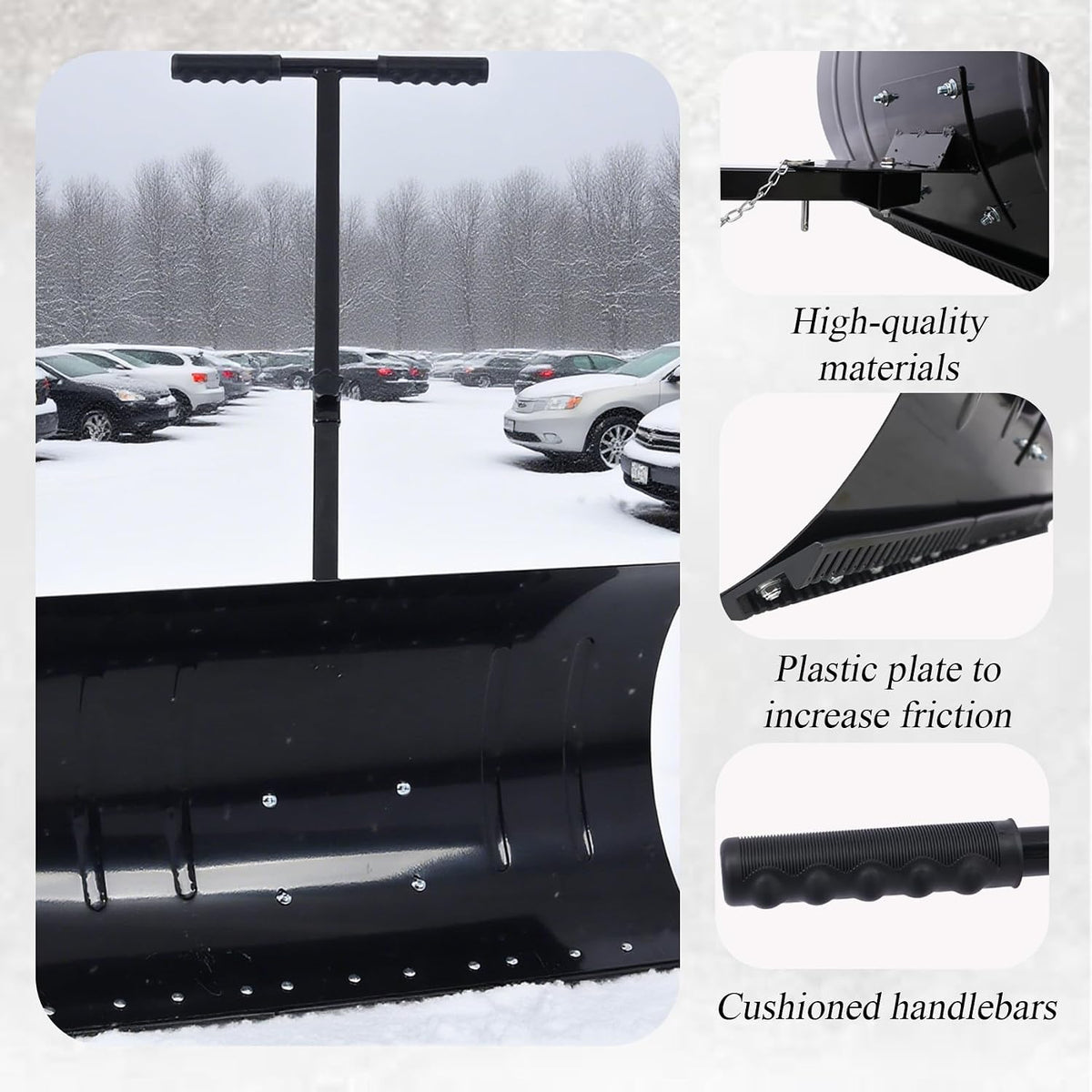 Snow Shovel with Wheels, Snow Pusher, Cushioned Adjustable Angle Handle Snow Removal Tool, 29" Blade Snow Plow, 10" Wheels (Black)