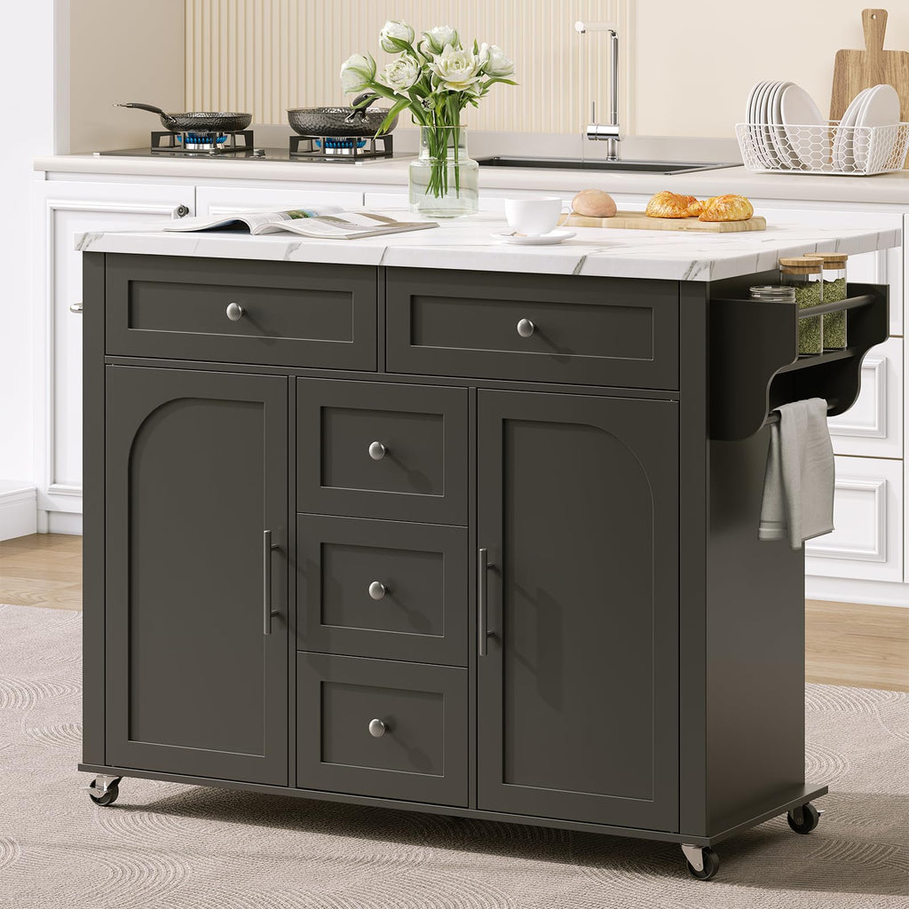 ONBRILL 47" Kitchen Island with 2 Storage Cabinets & 5 Drawers, White