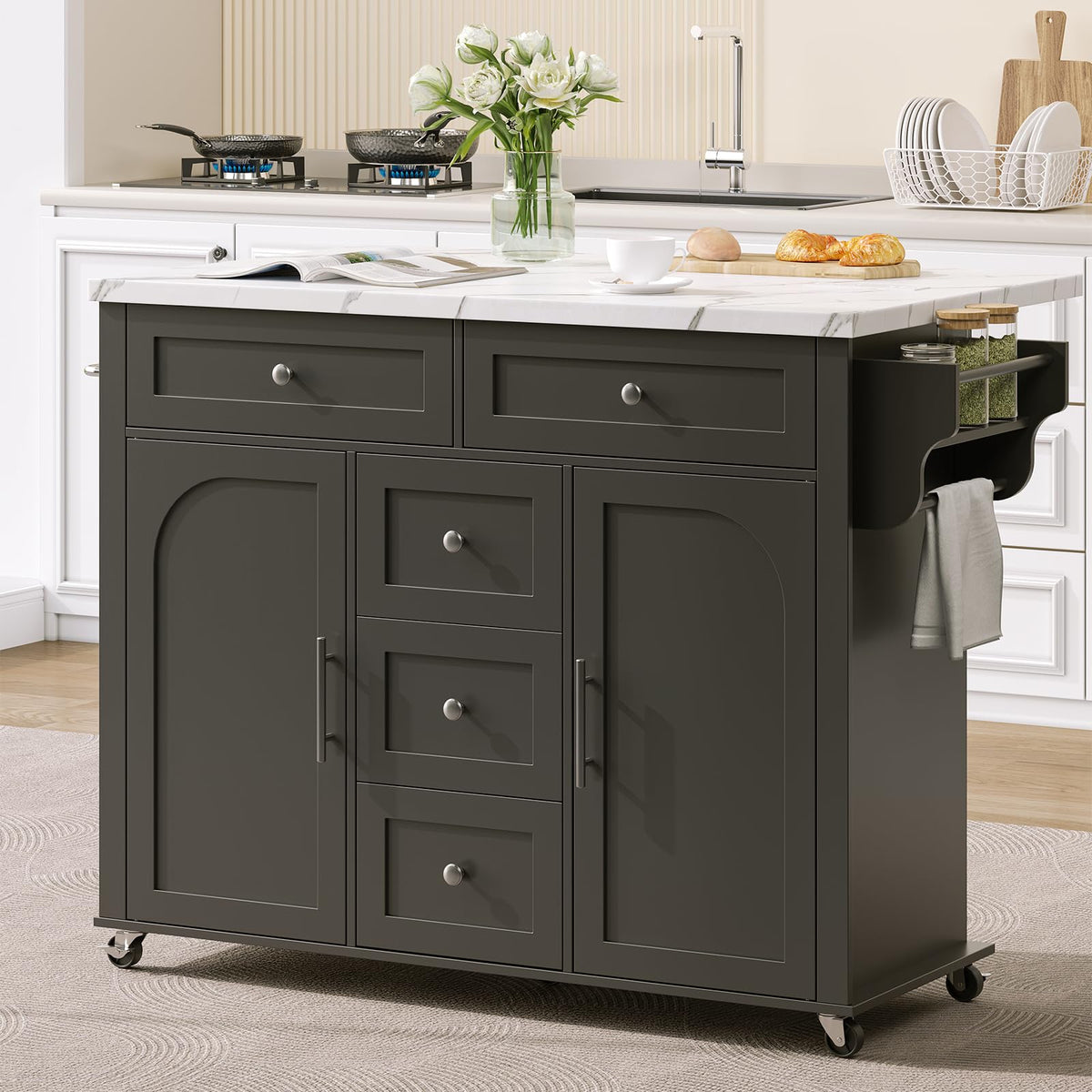 ONBRILL 47" Kitchen Island with 2 Storage Cabinets & 5 Drawers, White