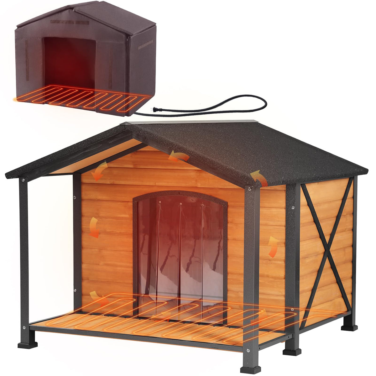 Aivituvin Heated Dog House Outdoor with Anti-Bite Metal Frame Insulated Indoor Dog Kennel 41.6'L Large Dog Cage for Small Medium Large Dogs with Heater and Insulated Liner for Winter