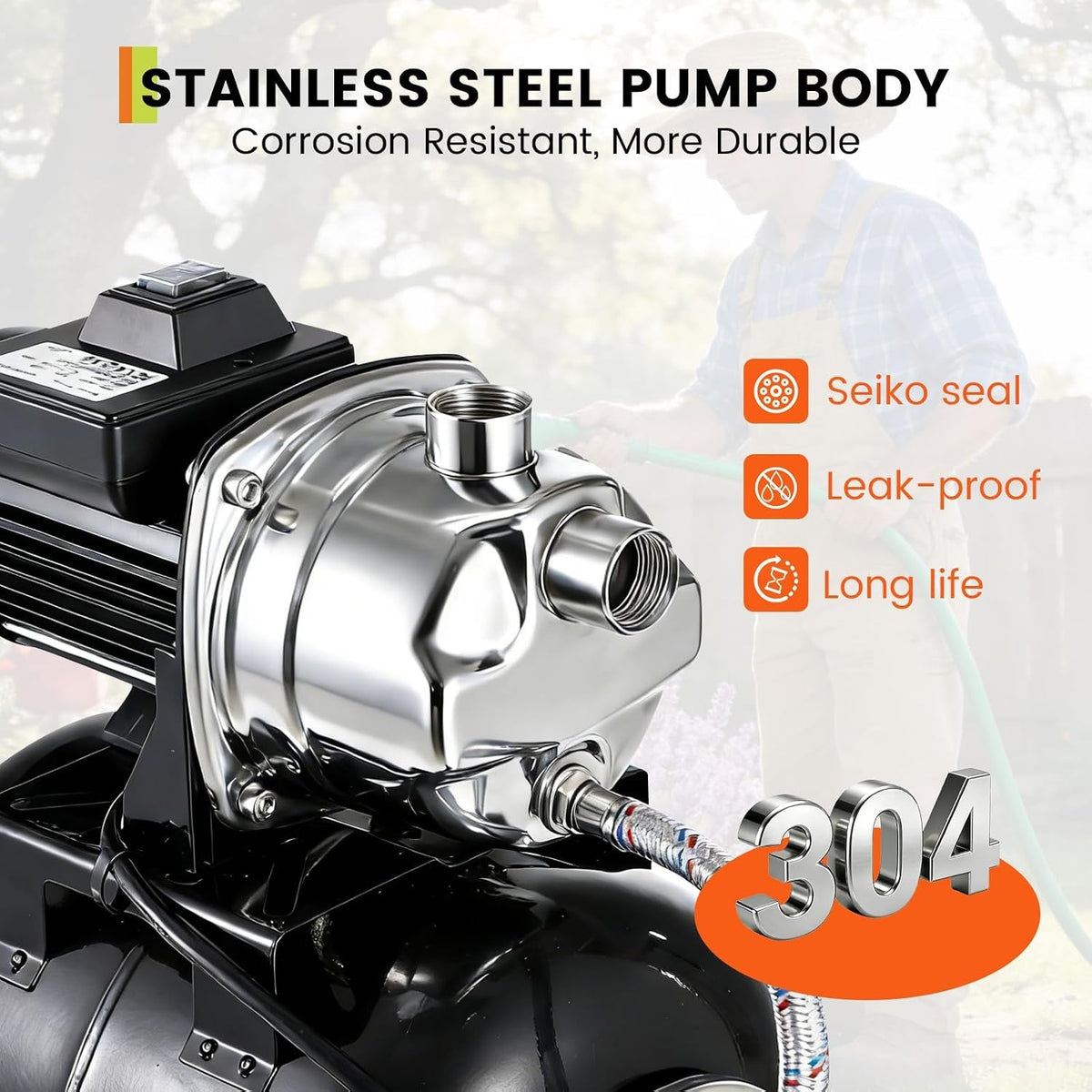 1HP Stainless Steel Water Transfer Pump with Well Pressure Tank – Shallow Well Pump & Irrigation Pump Combo, 130ft Max Lift, 20ft Suction Lift, Automatic Pressure Switch for Farm Use