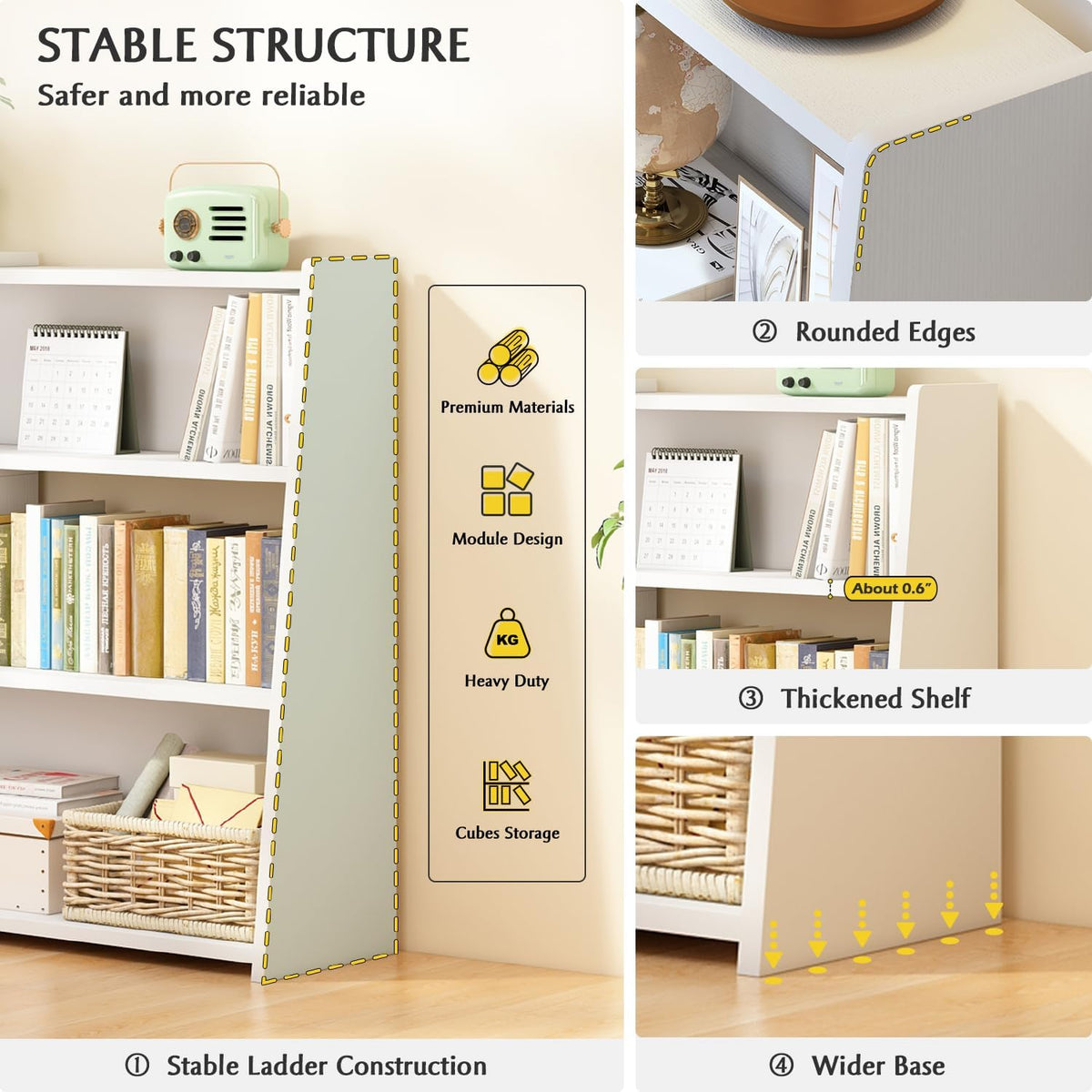 IOTXY Wooden Extendable Shelf Bookcase, 3-Tier Low Bookshelf, Walnut, S