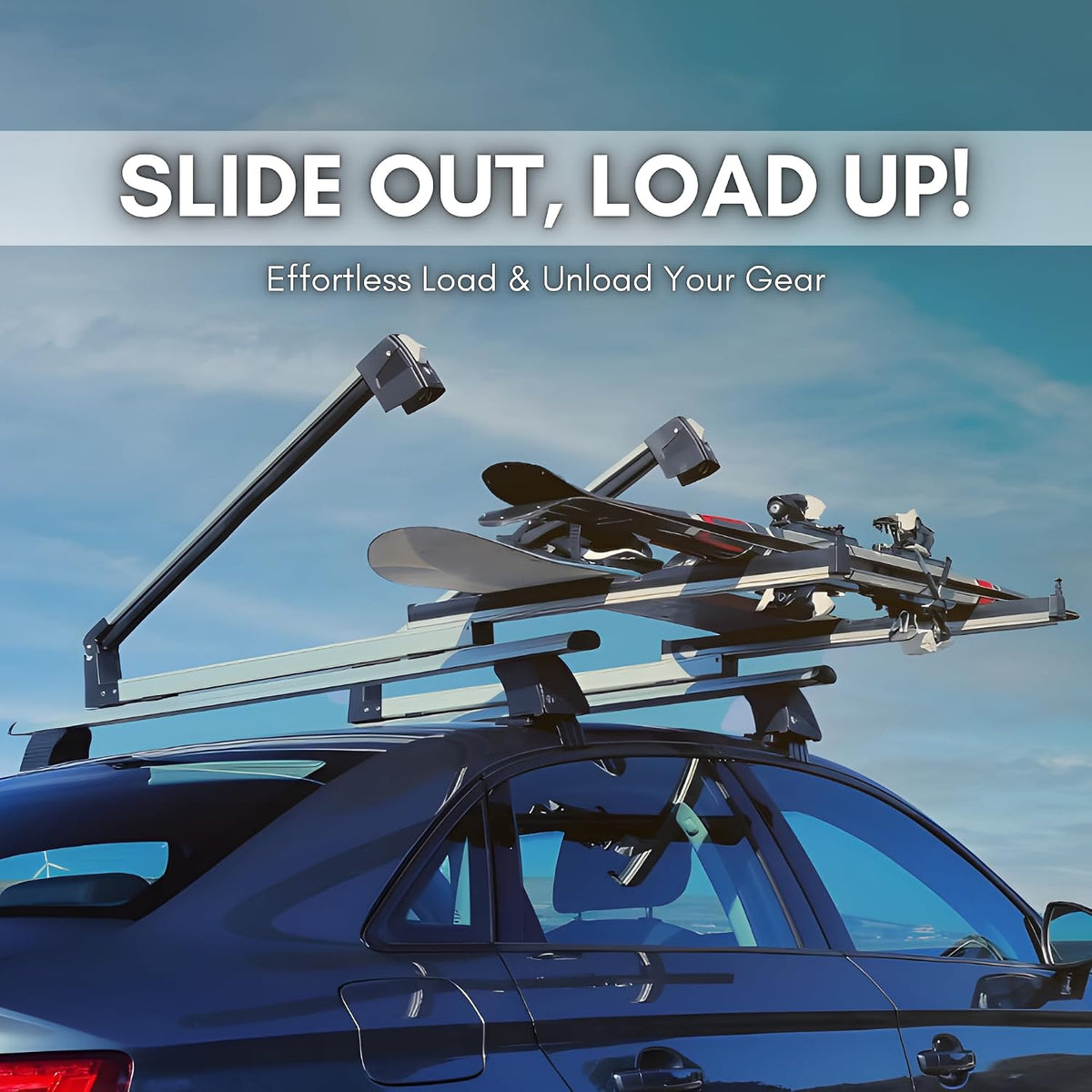 Erkul Ski Rack for Car Roof with Sliding Extension - 25" Universal Ski & Snowboard Rack with Lock | Holds 4 Pairs of Skis or 2 Snowboards - Fits All Types of Cross Bars