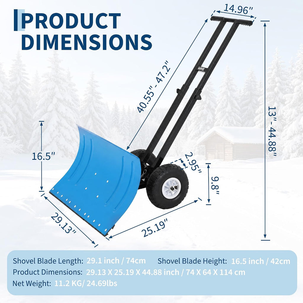 Snow Shovel with Wheels, 29" W x 16.54" H, Double Rod, Blue