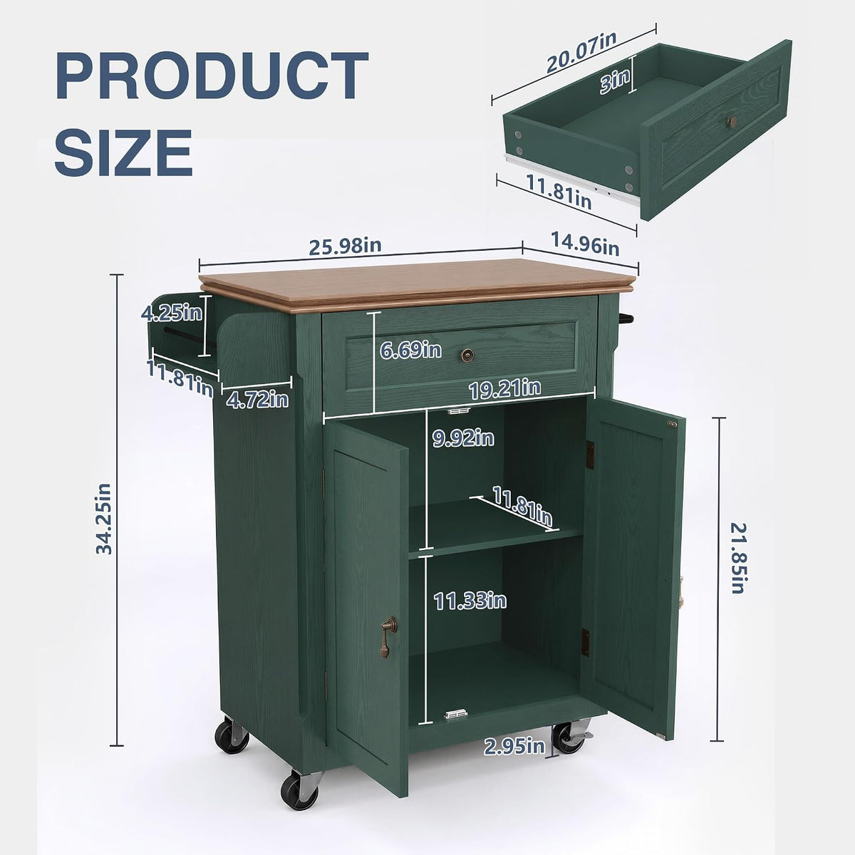 HLR 26'' Small Kitchen Island, Vintage Wood Kitchen Cart on Wheels, Green