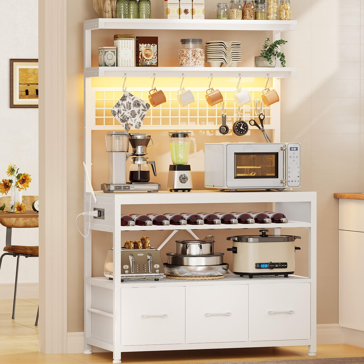 Itaar Bakers Rack with Storage and Power Outlet, 35.4 inch Coffee Bar Cabinet, Microwave Stand Kitchen Cabinet with Hutch, LED Lights, Wine Rack and Hooks, Rustic Brown