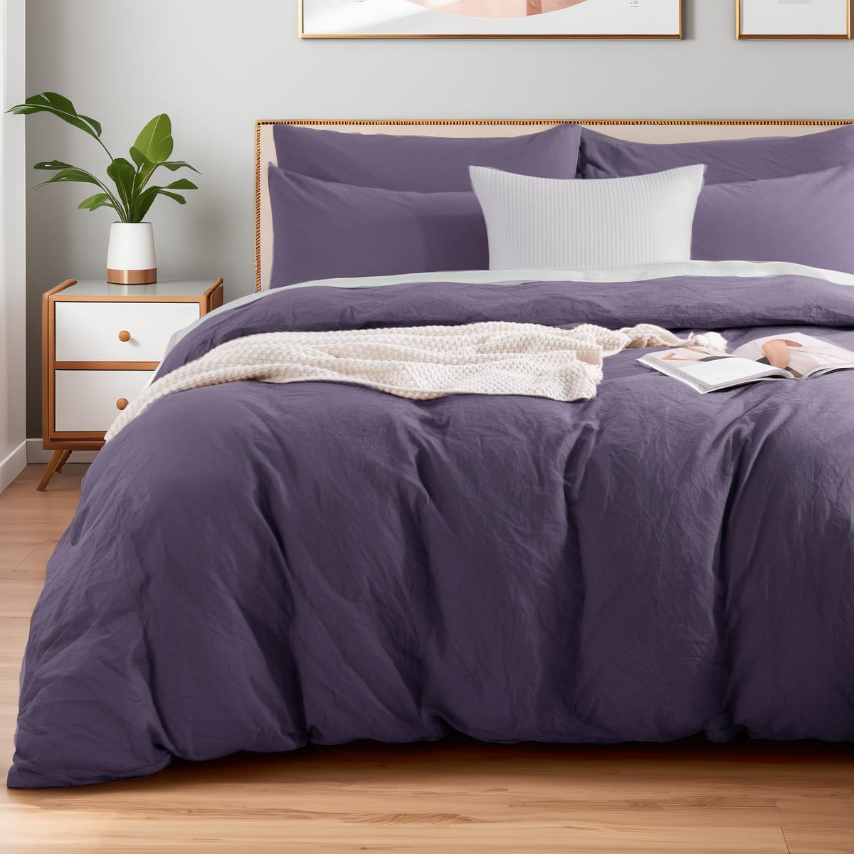 NEXHOME PRO Duvet Cover Set Queen Size Linen Look Textured 100% Washed Cotton Duvet Cover Burgundy Dark Red 3 Pieces Bedding Set with Zipper Closure,Breathable, Soft Organic Natural(No Comforter)