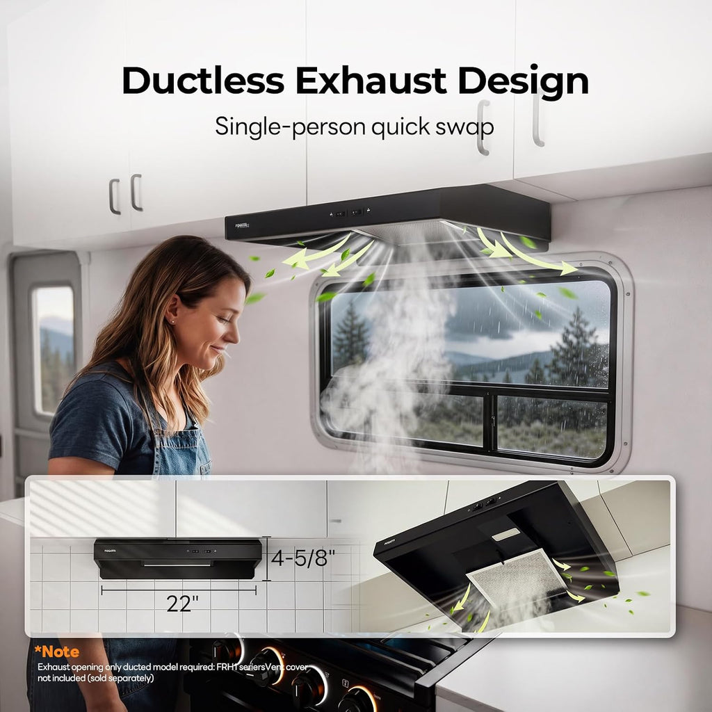 FOGATTI RV Range Hood 22" Ductless 12V Black, Charcoal Filter, LED Light