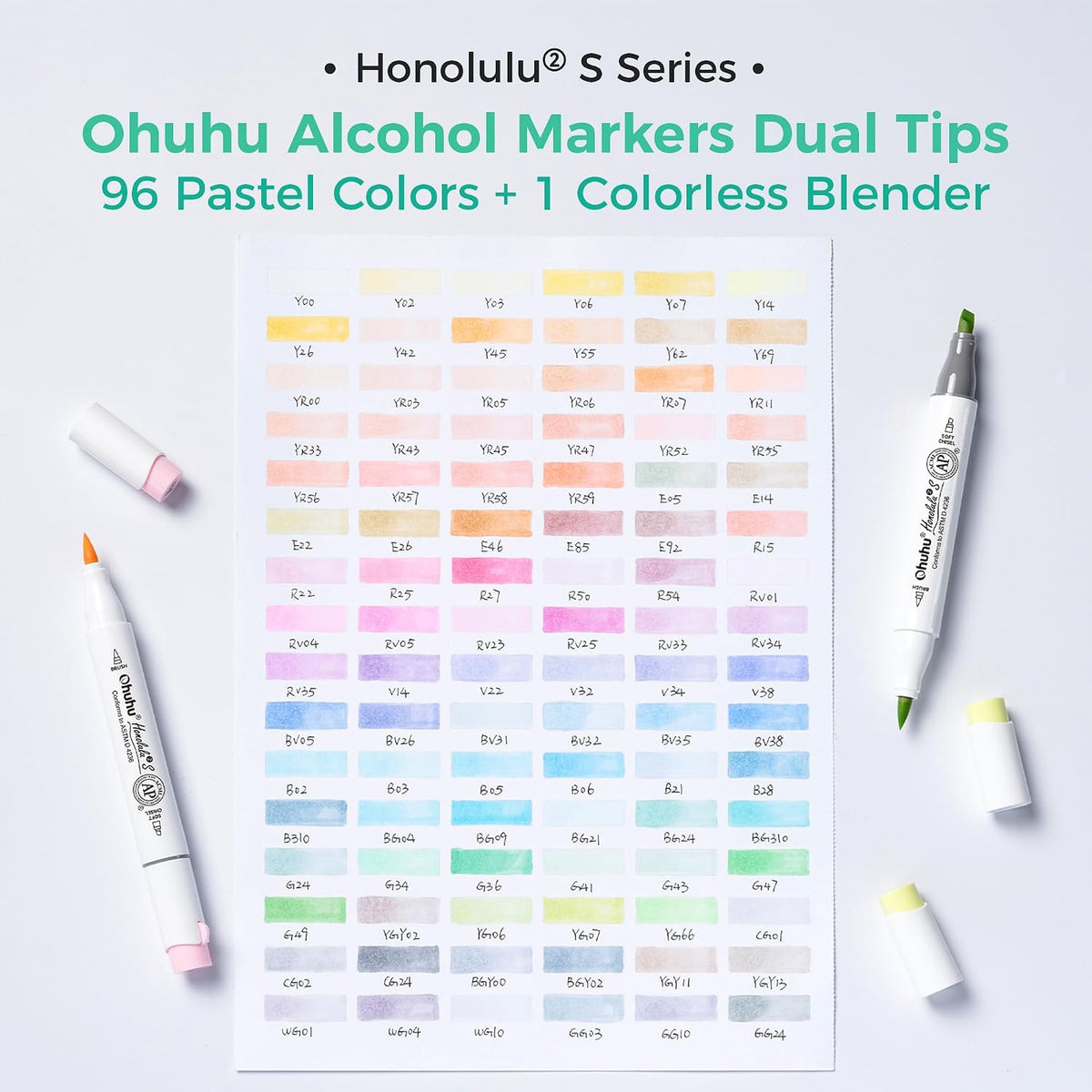 Ohuhu Alcohol Markers 96 Pastel Colors Brush Soft Chisel for Adults Drawing