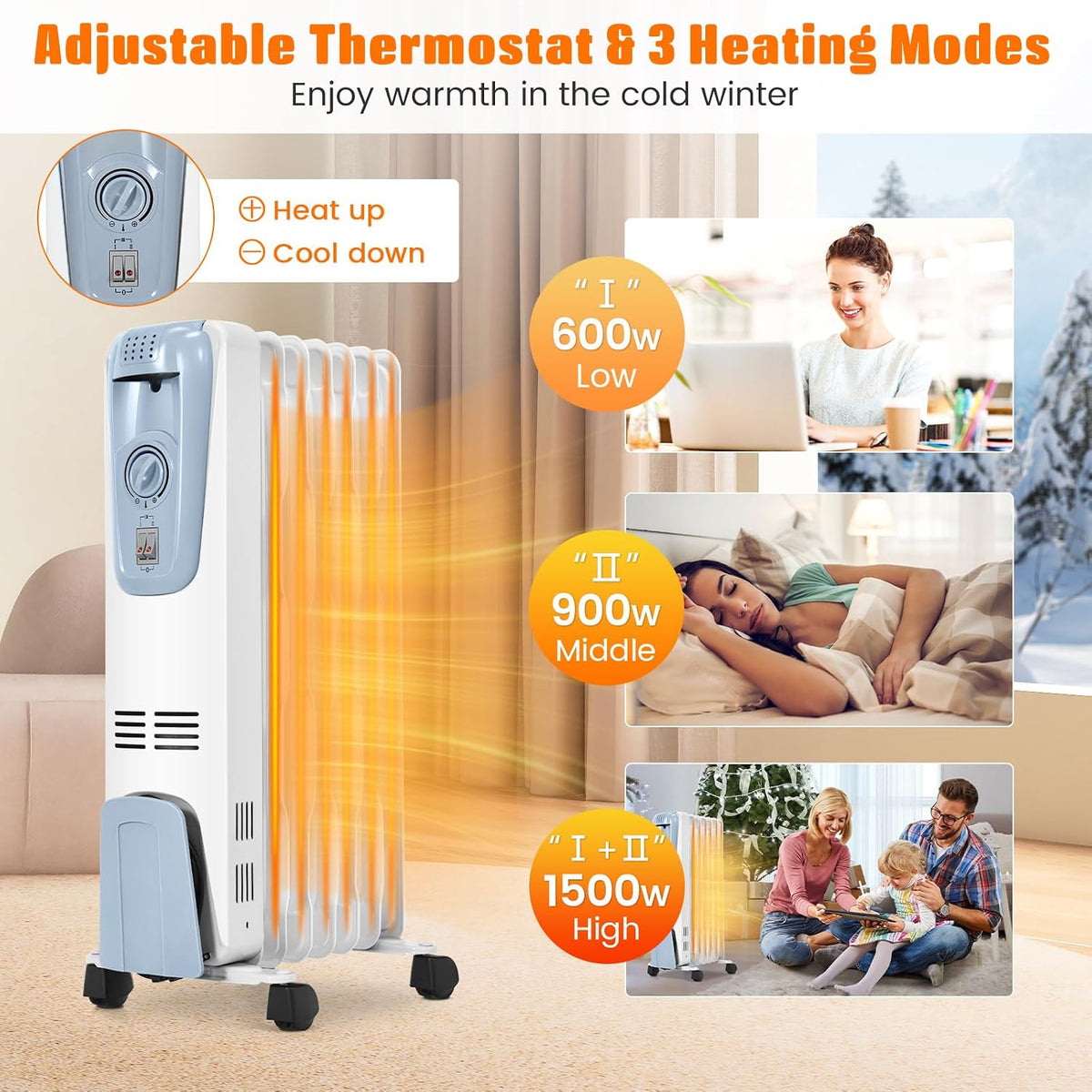 Happygrill 1500W Oil Heater, Portable Oil Space Heater w/Adjustable Thermostat, 3 Heat Settings, Overheat & Tip-Over Protection, Electric Radiator Heater for Indoor Use Living Room Bedroom