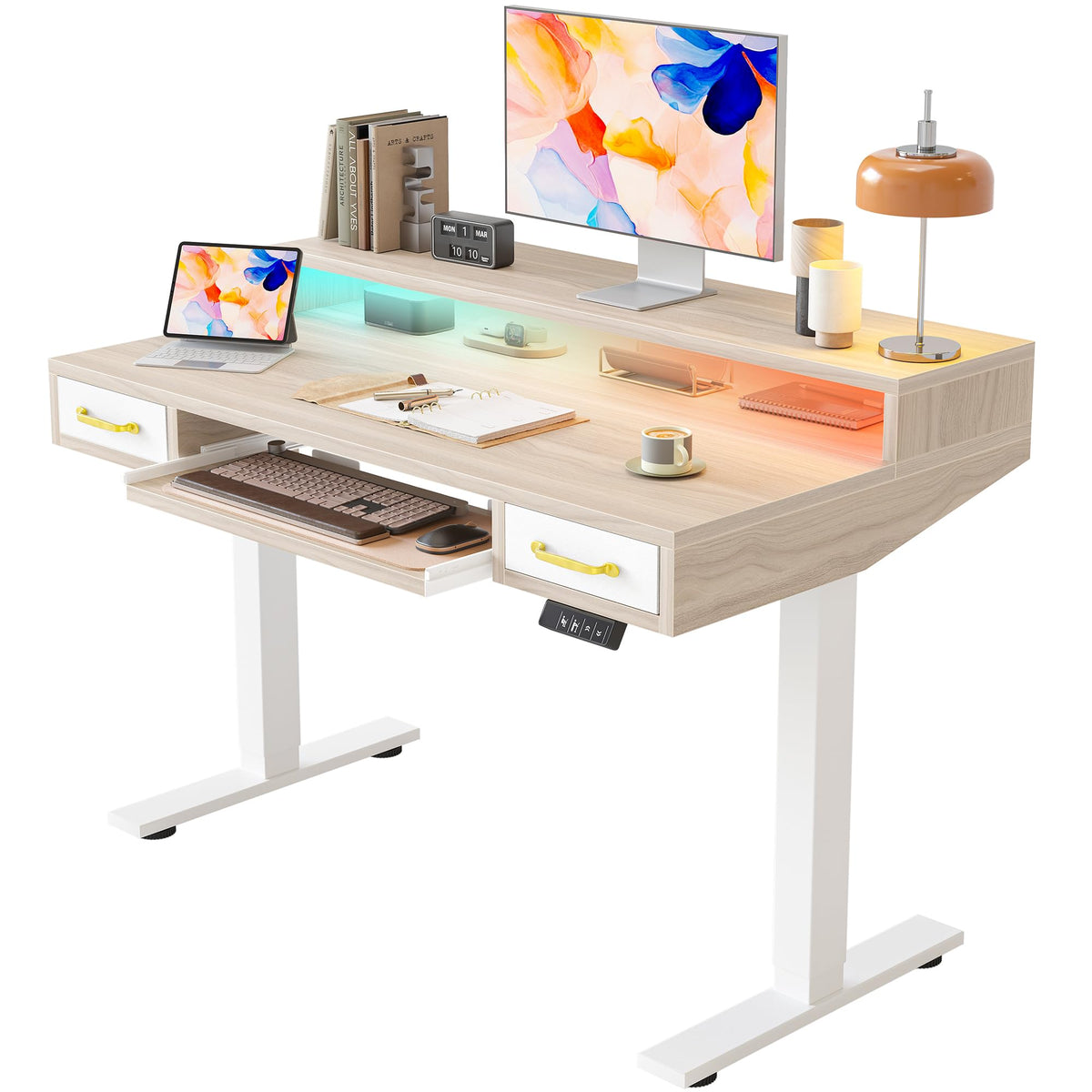 TIQLAB Standing Desk with Two Drawers, Stand Up Standing Desk Adjustable Height, Electric Sit Stand Table with Storage Shelf and Splice Board, with LED Light, 55 * 28 inch, Maple