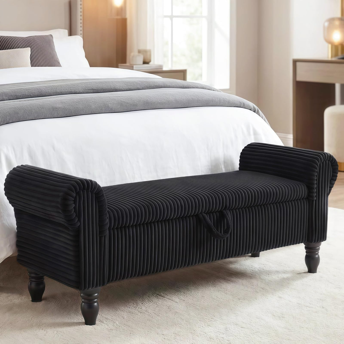 60" Corduroy Storage Bench, Queen End of Bed, Black