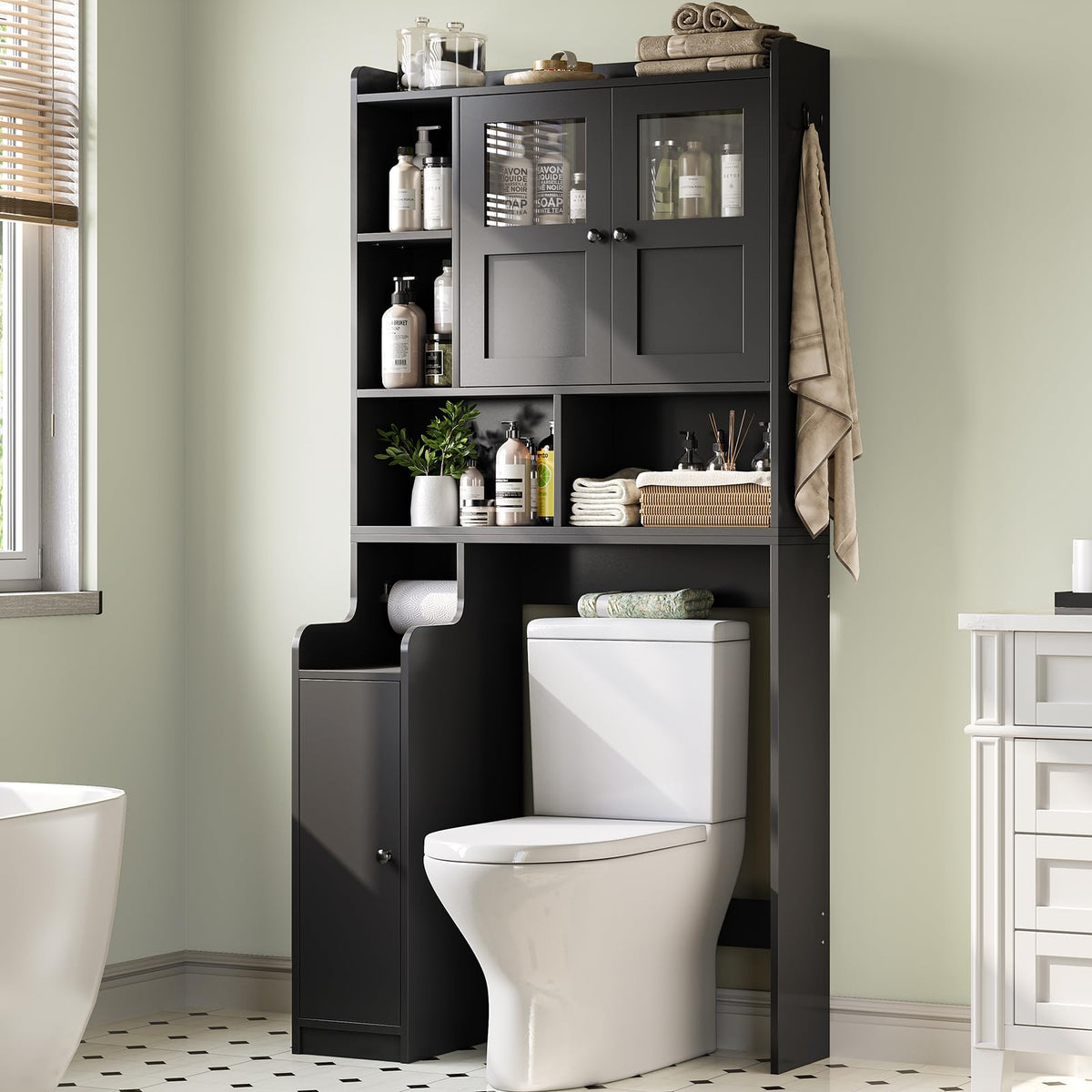 Itaar Over The Toilet Storage Cabinet, Over Toilet Bathroom Organizer with Glass Doors & Toilet Paper Holder Stand, Home Space-Saving Toilet Rack, for Bathroom, Restroom, Laundry(Black)