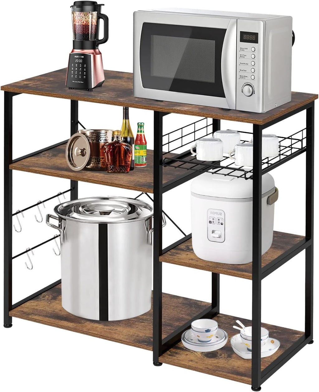 PayLessHere Baker’s Rack, Coffee Station, Microwave Oven Stand, Kitchen Shelf with Wire Basket, Utility Storage for Spices, Pots, and Pans, Rustic Brown. (Rustic Brown)