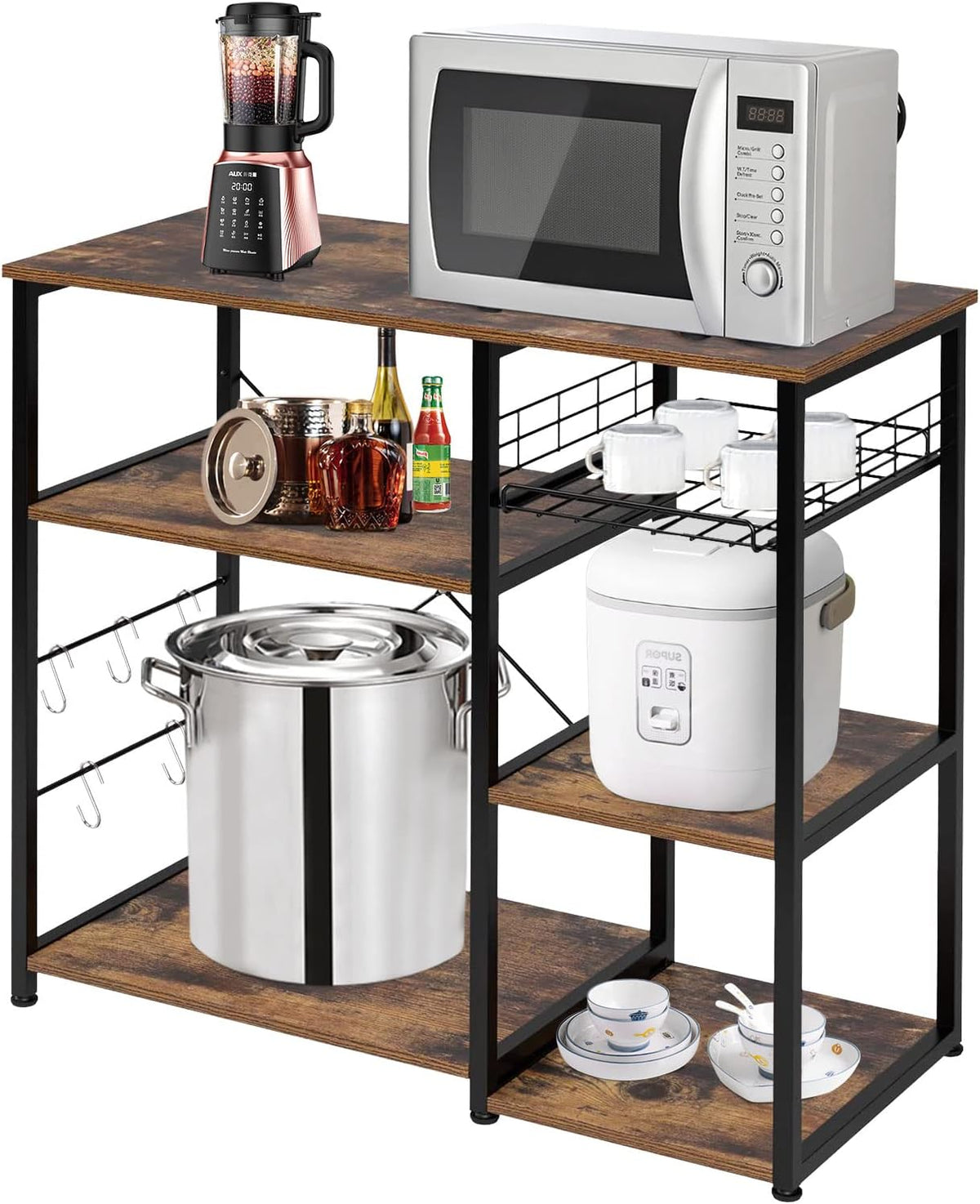 PayLessHere Baker’s Rack, Coffee Station, Microwave Oven Stand, Kitchen Shelf with Wire Basket, Utility Storage for Spices, Pots, and Pans, Rustic Brown. (Rustic Brown)