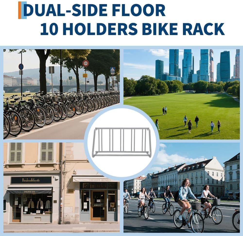Heavy Duty Double-Sided 10-Bike Floor Rack Organizer – 60" Freestanding All-Steel Two-wheeler Storage Stand – Easy Assembly, Stable Space-Saving Solution for Garage, Street, Yard, Events – Gray