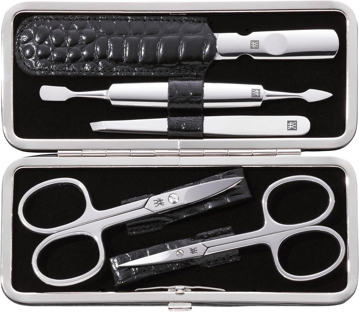 ZWILLING Manicure Set (5 piece, for fingernail and toenail care, genuine leather case with metal frame), Polished Stainless Steel, Crocodile Edition, Black
