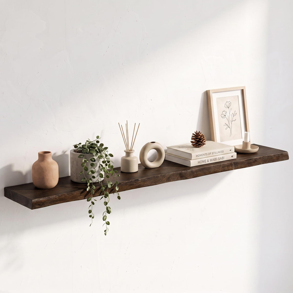 Live Edge Elm Floating Shelves - 24 In Rustic Solid Wood Shelves with Heavy-Duty Invisible Bracket, Wall-Mounted Wooden Shelf for Living Room, Bathroom, Kitchen Storage & Display, Set of 2, Natural