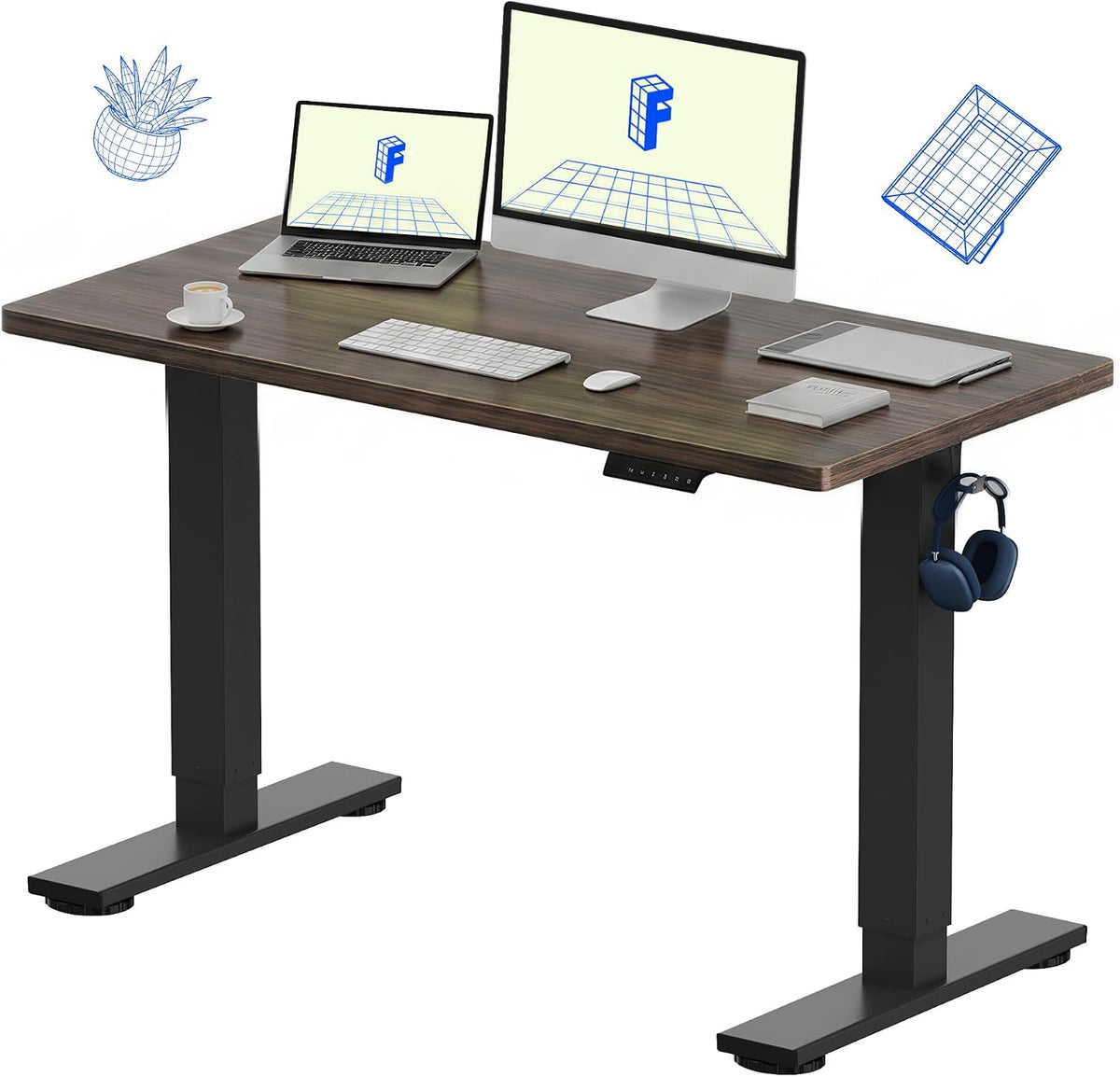 FLEXISPOT EN1 One-Piece Standing Desk, Electric Adjustable with 4 Memory Presets, 176 LBS Capacity, Stable & Quiet, Seamless Desktop for Home Office & Dual Monitors, 48"x24" Black Walnut