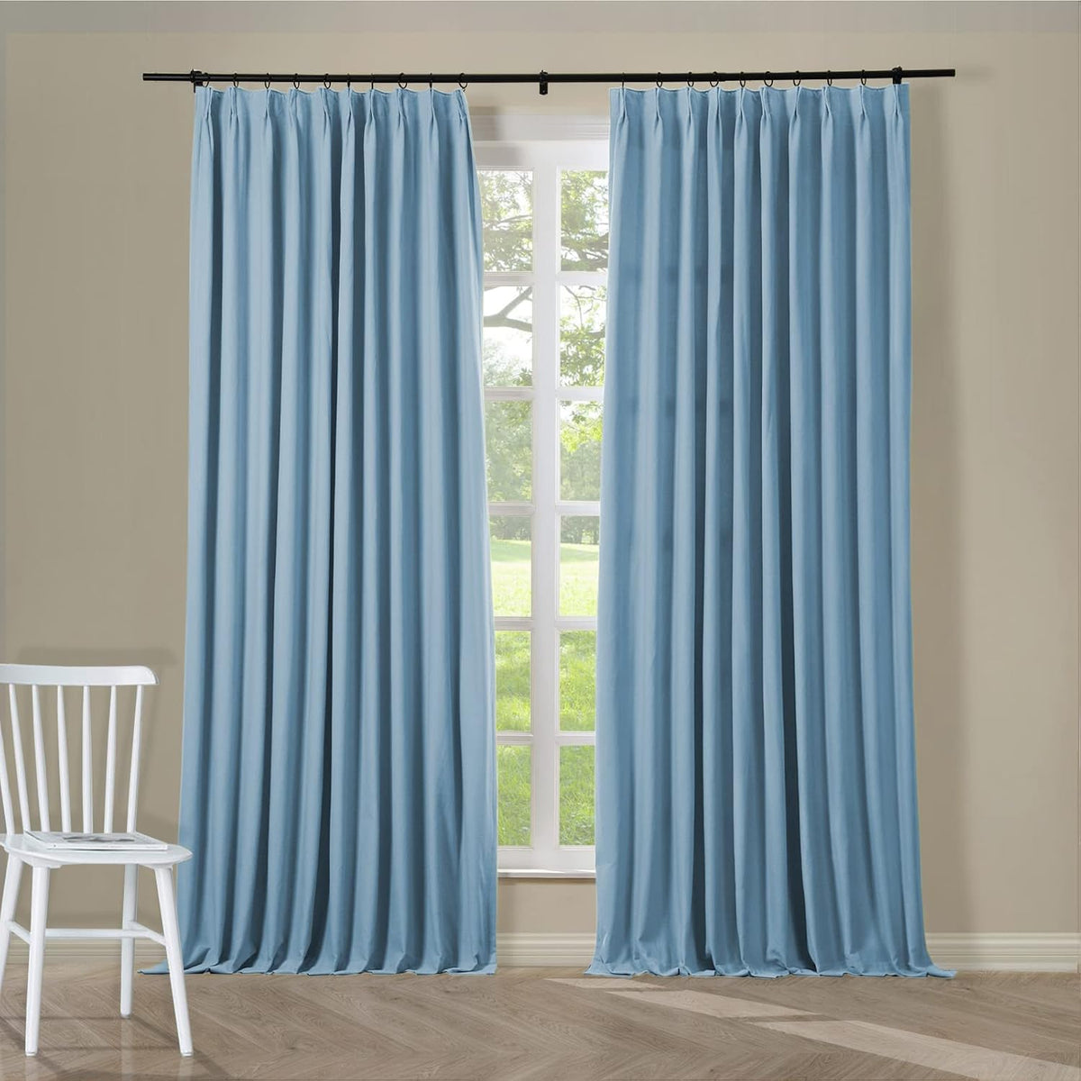 ChadMade Pinch Pleated Pure Cotton Duck Curtain Blackout Blue Drape Extra Wide Curtain Plain Weave with Blackout Lining 100Wx84L (1 Panel), BOZI Collection