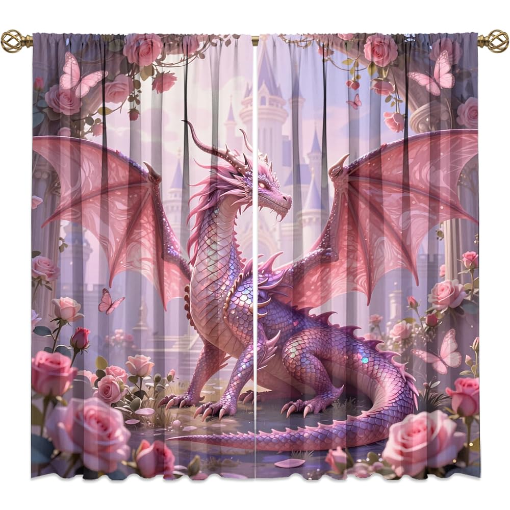 Dreamy Pink Wildlife Dragon Curtains-Fantasy Medieval Castle Rod Pocket Back Tab Window Drapes,Mythological Dragon Floral Roses Thermal Insulated Blackout Curtain,2pcs,Each 52“W x 96”L